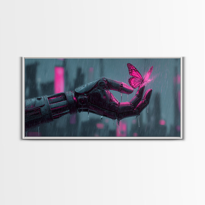 Robotic Hand Holding a Delicate Butterfly Framed Canvas Print, Futuristic Art, Unique Home Decor, Living Room Decor, Future, FUT-2x1-100
