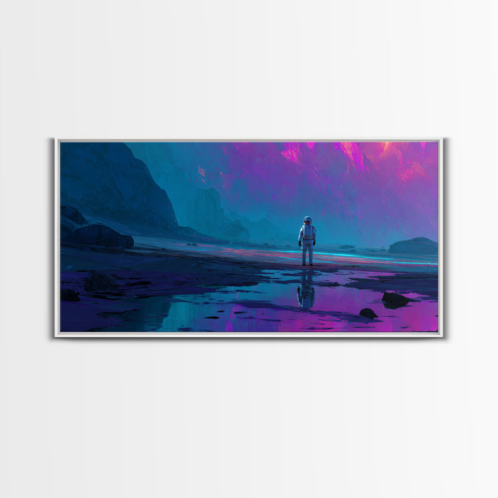 Silver Astronaut Walking Through Neon Desert Canvas Print, Futuristic Art, Steampunk Decor, Living Room Decor, Future, FUT-2x1-25