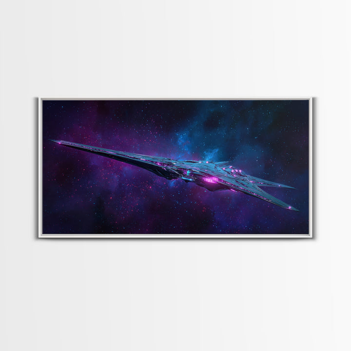 Solar Sail Ship Crossing Star Filled Space Framed Canvas Print, Futuristic Art, Landscape Art, Living Room Decor, Future, FUT-2x1-37