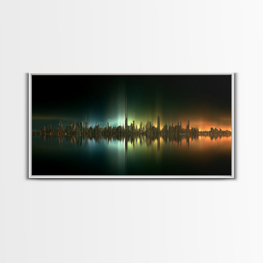 Sleek Chrome City Skyline Framed Canvas Print, Futuristic Art, Contemporary Art, Living Room Decor, Fine Art, Future, FUT-2x1-45