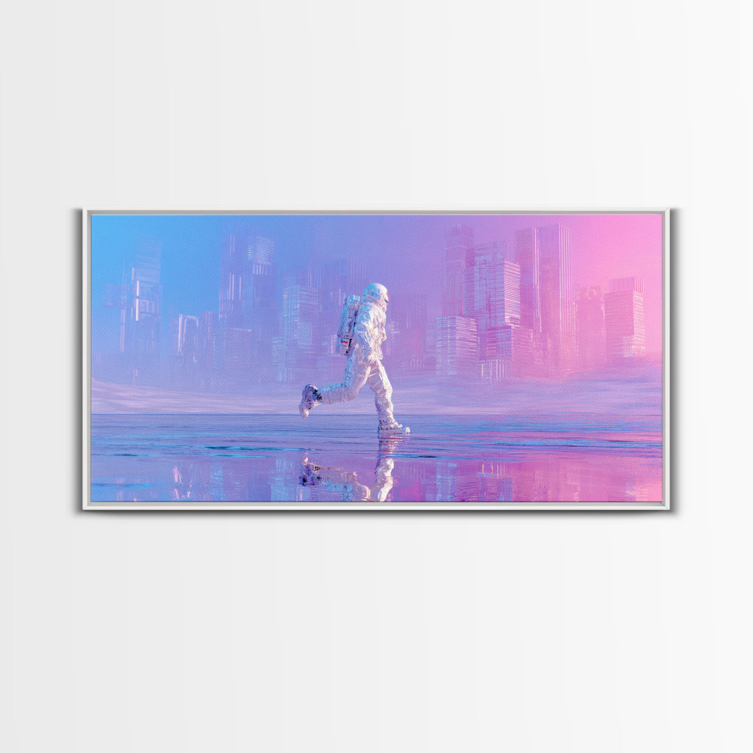 Silver Astronaut Walking Through Neon Desert Canvas Print, Futuristic Art, Victorian Decor, Living Room Decor, Fine Art, Future, FUT-2x1-49