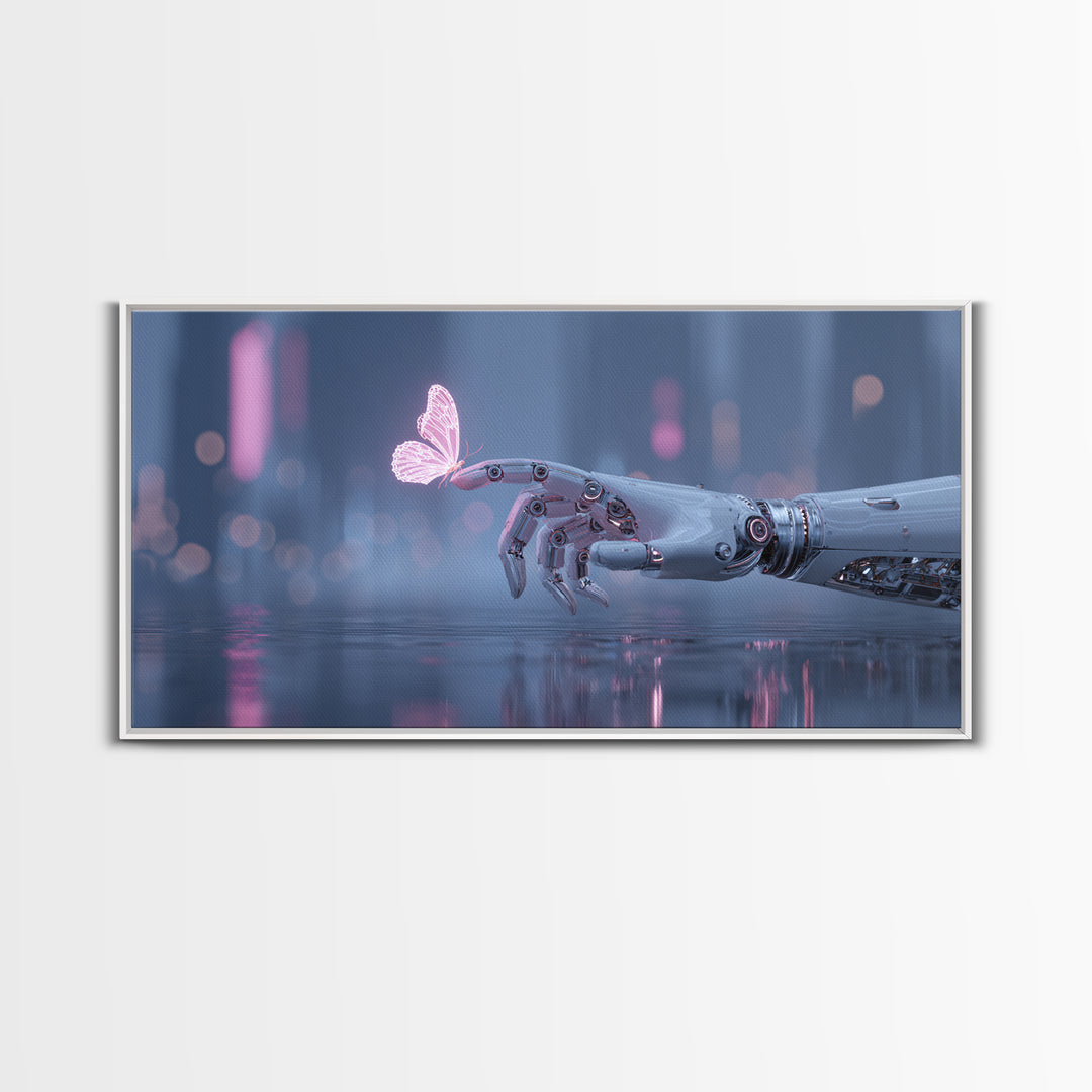 Robotic Hand Holding a Delicate Butterfly Canvas Print, Futuristic Art, Mid Century Modern, Living Room Decor, Fine Art, Future, FUT-2x1-52