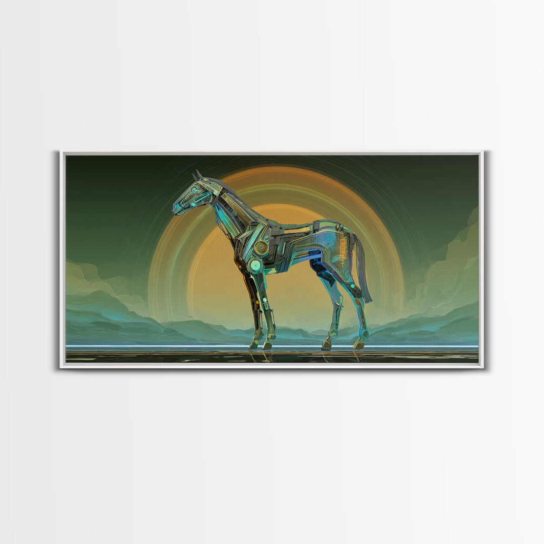 Cybernetic Horse in a Luminous Field Canvas Print, Futuristic Art, Digital Poster, Living Room Decor, Fine Art, Future, FUT-2x1-57