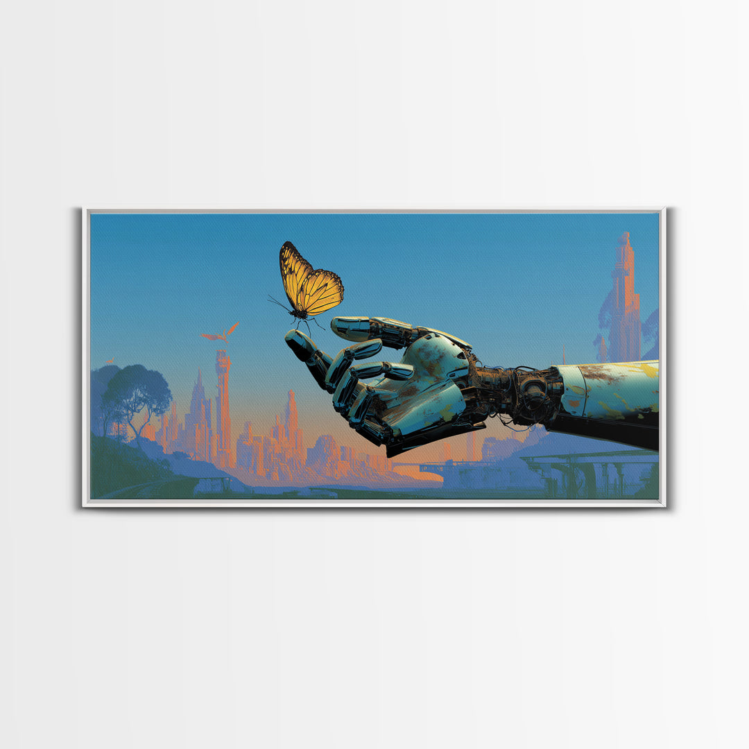 Robotic Hand Holding a Delicate Butterfly Canvas Print, Futuristic Art, Landscape Art, Living Room Decor, Fine Art, Future, FUT-2x1-76