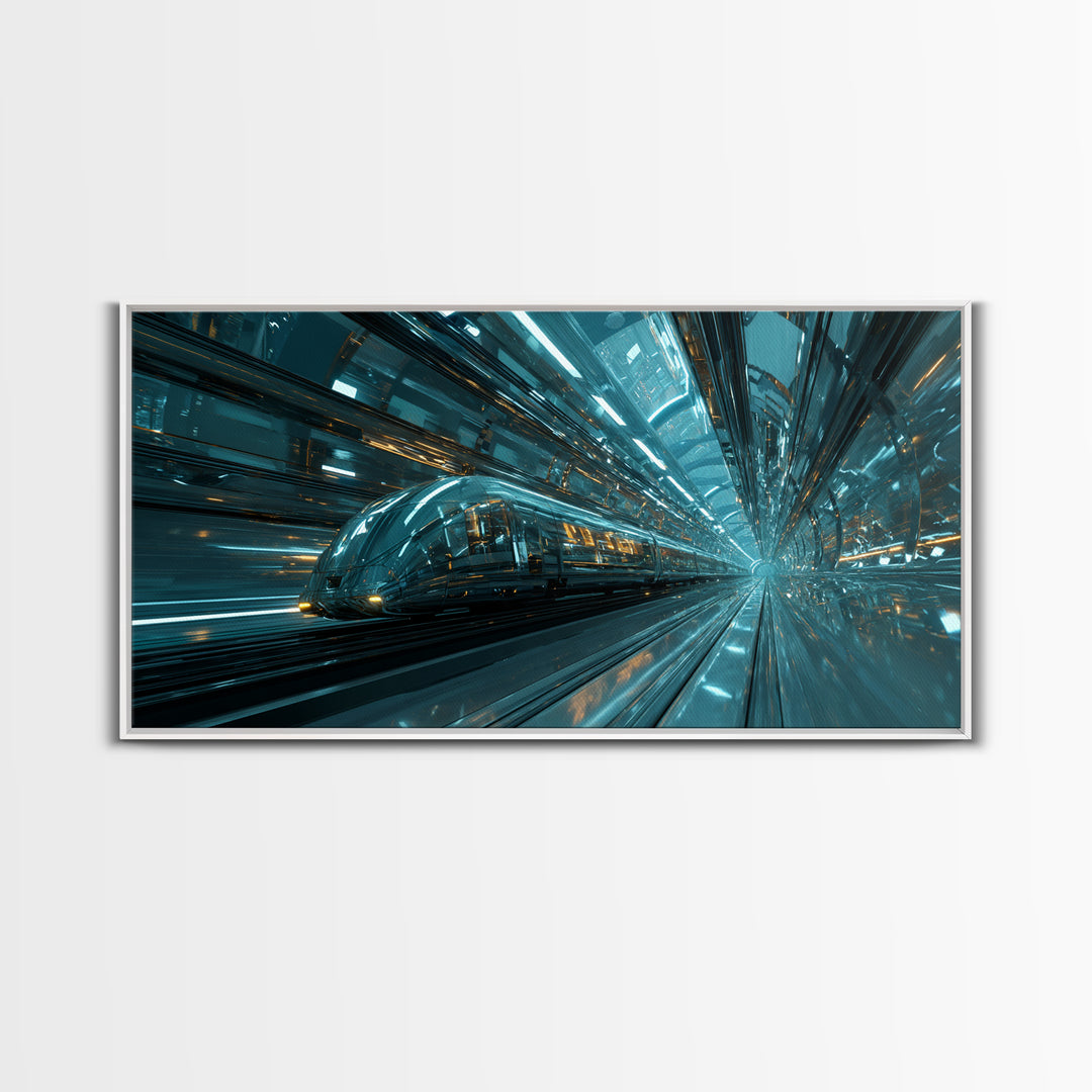 Transparent Train Speeding Through Light Tunnels Canvas Print, Futuristic Art, Fine Art Print, Living Room Decor, Future, FUT-2x1-79