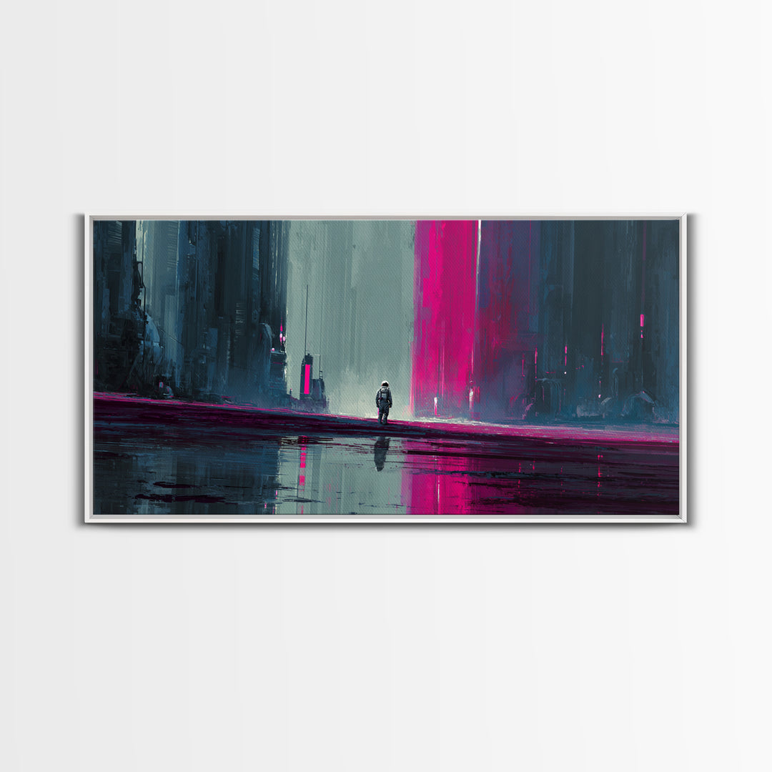 Silver Astronaut Walking Through Neon Desert Framed Canvas Print, Futuristic Art, Modern Decor, Living Room Decor, Future, FUT-2x1-97