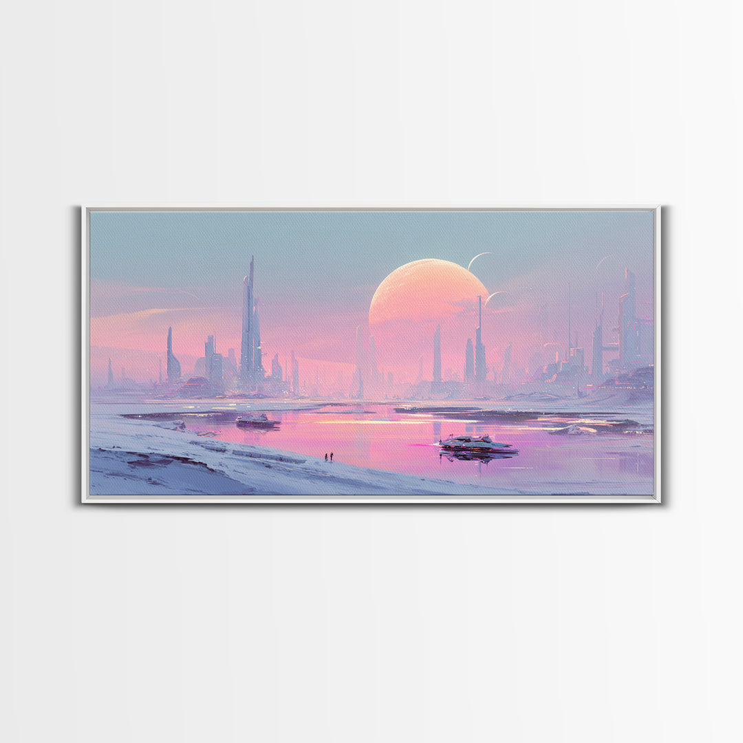 Minimal Spacecraft over a Clean Planet Horizon Canvas Print, Futuristic Art, Contemporary Art, Living Room Decor, Future, FUT-2x1-99