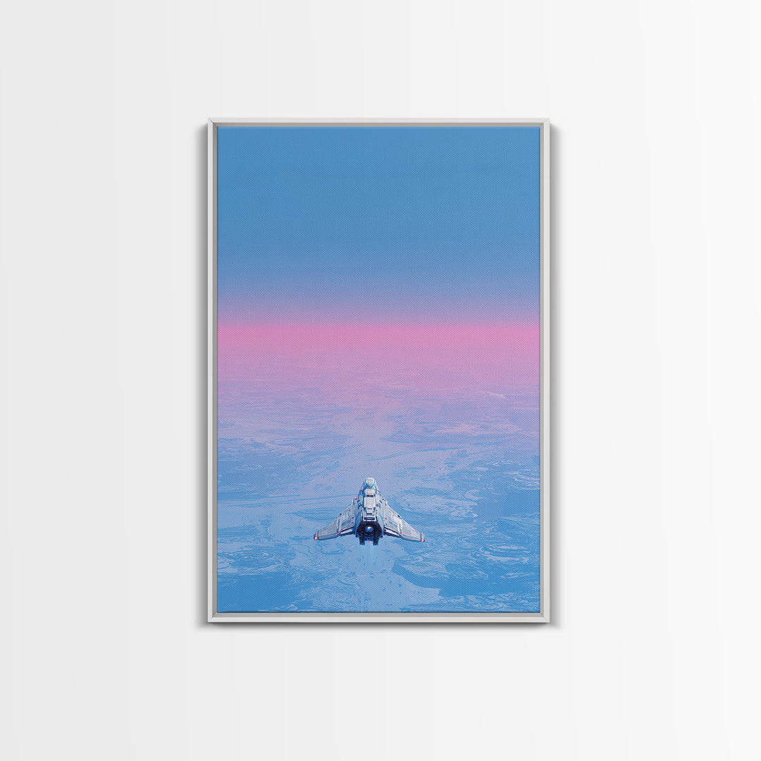 Minimal Spacecraft over a Clean Planet Horizon Canvas Print, Futuristic Art, Steampunk Decor, Living Room Decor, Oil Painting, FUT-2x3-15