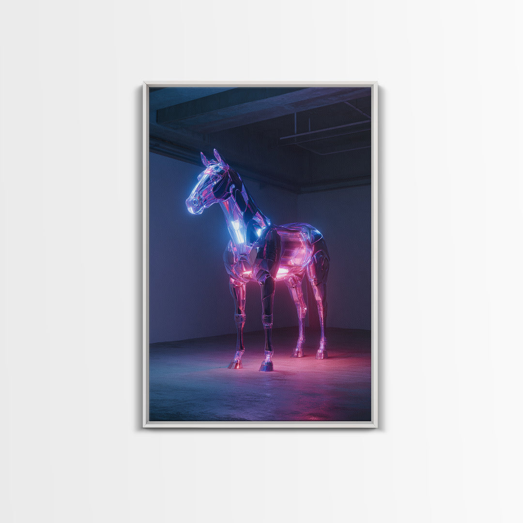 Cybernetic Horse in a Luminous Field Framed Canvas Print, Futuristic Art, Cyberpunk Decor, Living Room Decor, Oil Painting, FUT-2x3-21