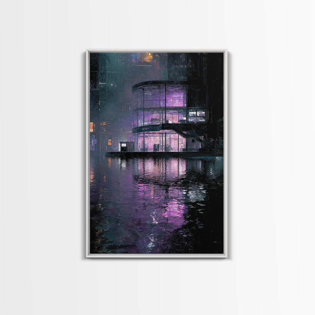 Floating Glass Architecture Above Reflective Water Canvas Print, Futuristic Art, Neutral Decor, Living Room Decor, Future, FUT-2x3-35