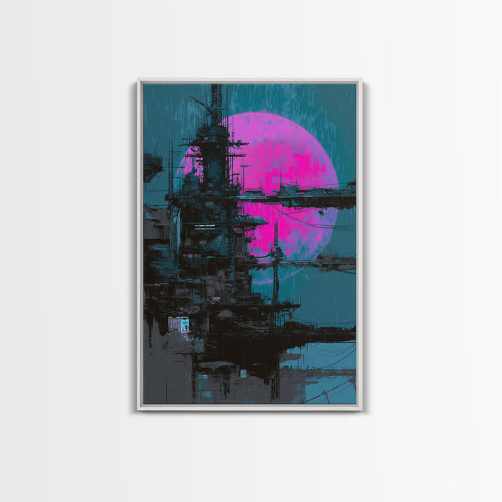 Moon Colony Silhouette Framed Canvas Print, Futuristic Art, Modern Wall Decor, Living Room Decor, Oil Painting, Future, FUT-2x3-53