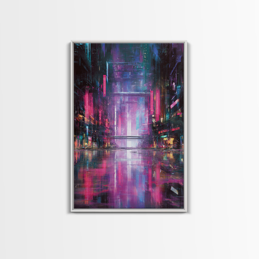 Digital Aurora Above a Clean White City Framed Canvas Print, Futuristic Art, Modern Art, Living Room Decor, Abstract Art, FUT-2x3-56