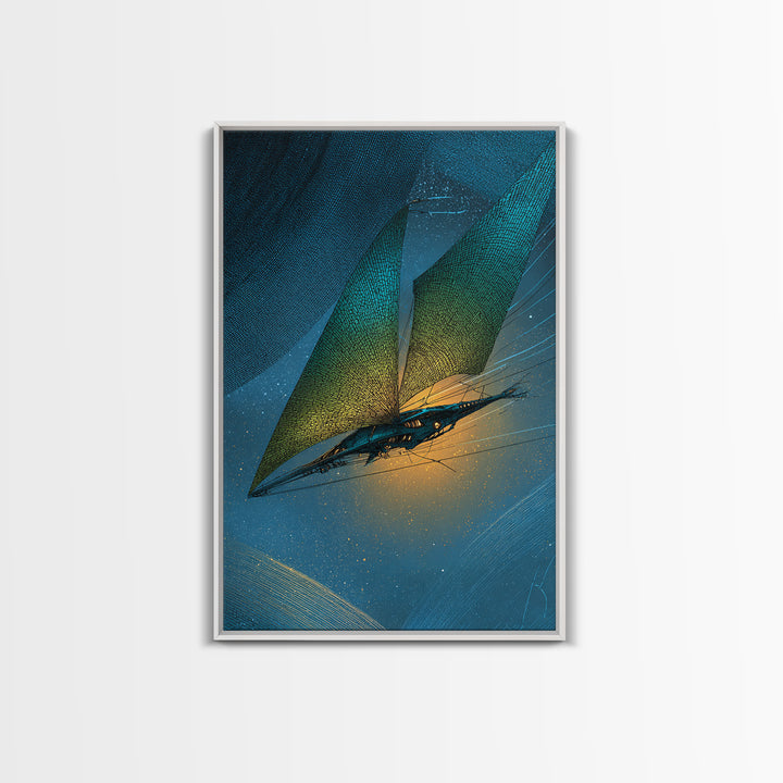 Solar Sail Ship Crossing Star Filled Space Framed Canvas Print, Futuristic Art, Statement Artwork, Living Room Decor, Future, FUT-2x3-73