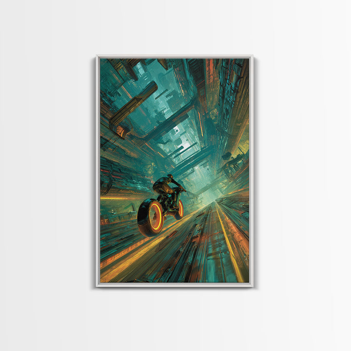 High Speed Hover Bike Trail of Light Framed Canvas Print, Futuristic Art, Room Decor, Living Room Decor, Fine Art, Future, FUT-2x3-76