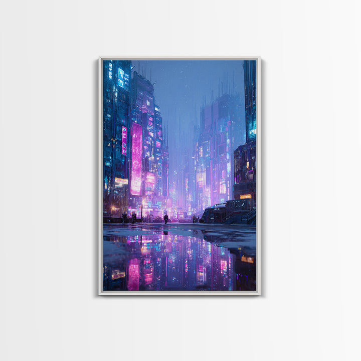 Digital Aurora Above a Clean White City Framed Canvas Print, Futuristic Art, Digital Art, Living Room Decor, Oil Painting, FUT-2x3-8