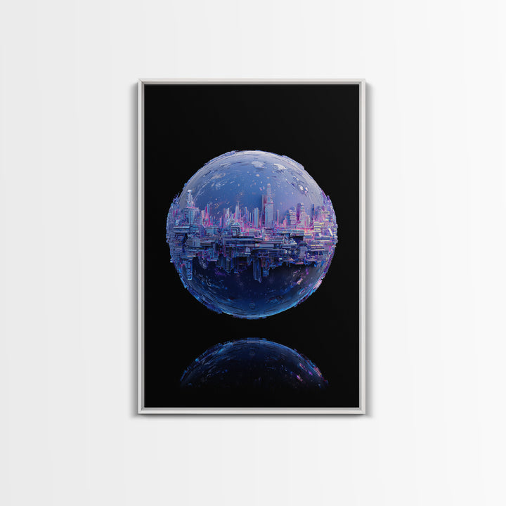 Orbital City Ring Around a Blue Planet Framed Canvas Print, Futuristic Art, Unique Home Decor, Living Room Decor, Future, FUT-2x3-90