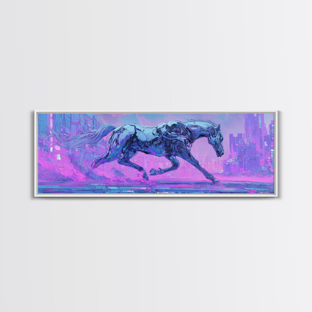 Cybernetic Horse in a Luminous Field Framed Canvas Print, Futuristic Art, Eclectic Home Decor, Living Room Decor, FUT-3x1-5