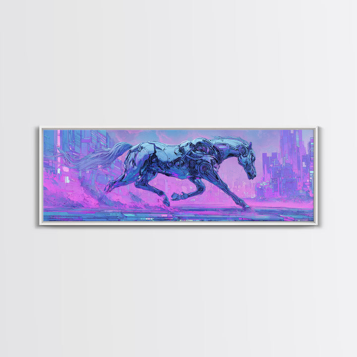 Cybernetic Horse in a Luminous Field Framed Canvas Print, Futuristic Art, Eclectic Home Decor, Living Room Decor, FUT-3x1-5