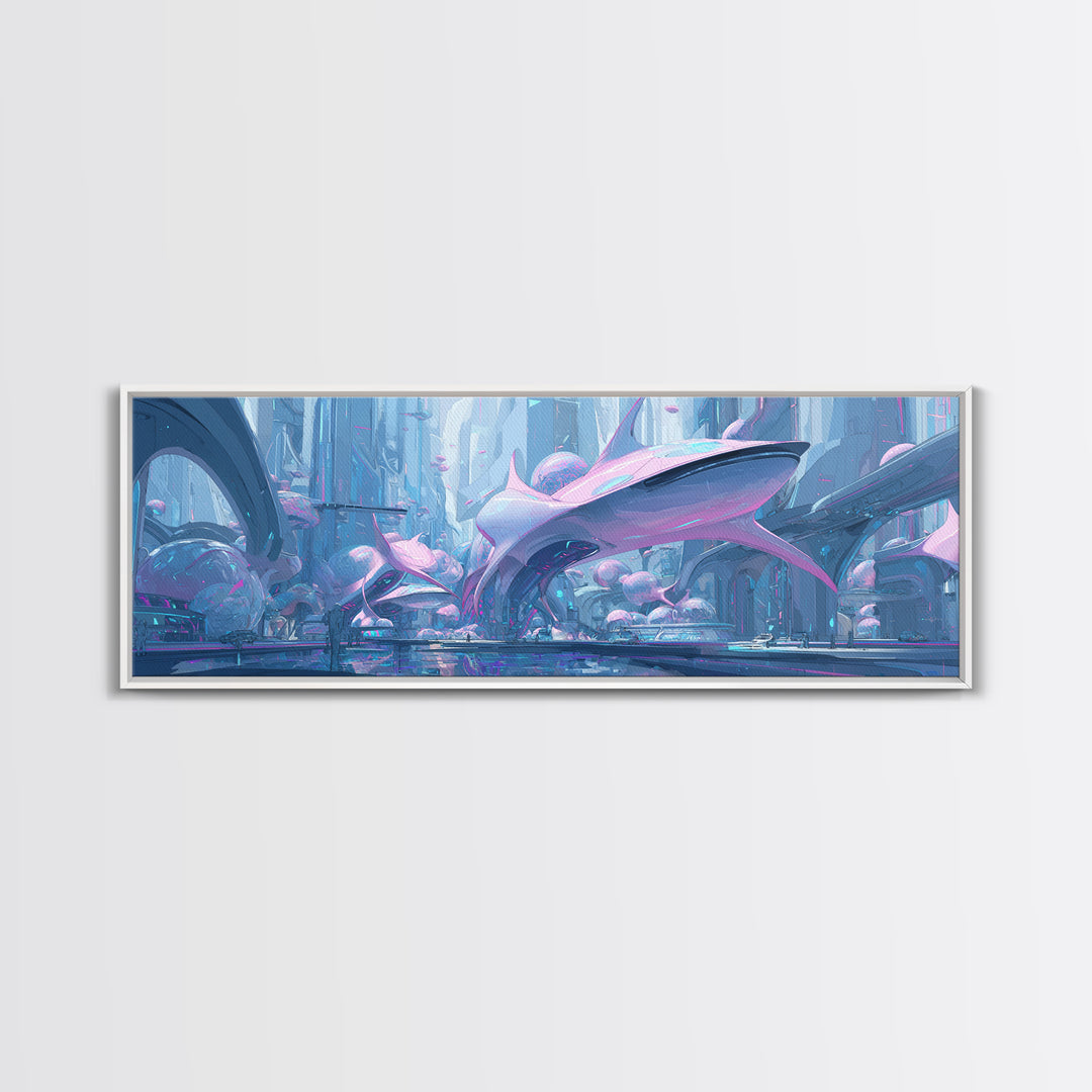 Future Ocean Lab Framed Canvas Print, Futuristic Art, Ai Art, Living Room Decor, Oil Painting, Future, Digital Poster, FUT-3x1-55