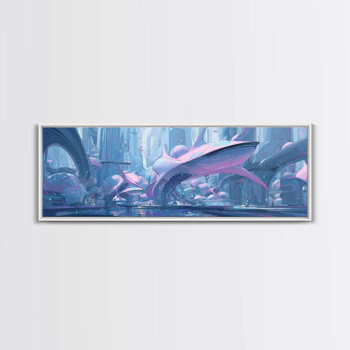 Future Ocean Lab Framed Canvas Print, Futuristic Art, Ai Art, Living Room Decor, Oil Painting, Future, Digital Poster, FUT-3x1-55