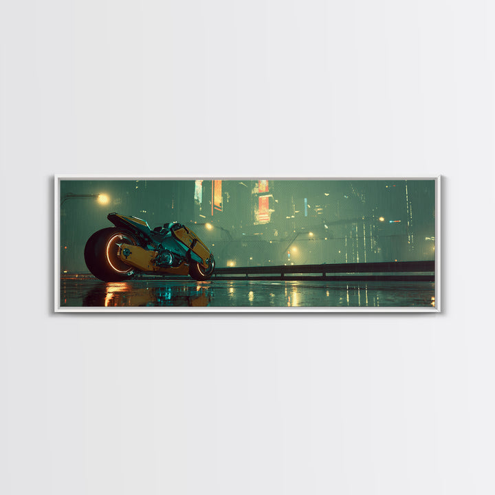 High Speed Hover Bike Trail of Light Framed Canvas Print, Futuristic Art, Textured Painting, Living Room Decor, Future, FUT-3x1-60