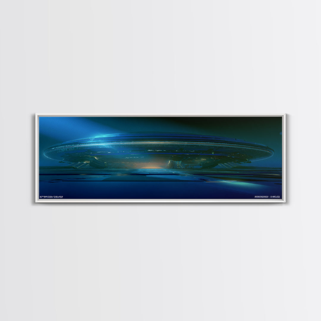 White and Blue Utopian Megastructure Canvas Print, Futuristic Art, Mid Century Modern, Living Room Decor, Fine Art, Future, FUT-3x1-76