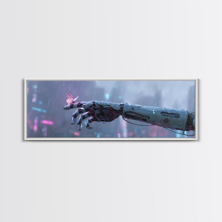 Robotic Hand Holding a Delicate Butterfly Canvas Print, Futuristic Art, Unique Wall Art, Living Room Decor, Fine Art, Future, FUT-3x1-96