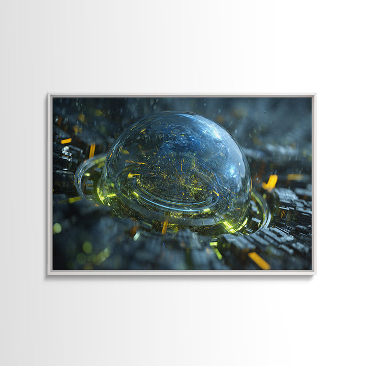 Orbital City Ring Around a Blue Planet Framed Canvas Print, Futuristic Art, Unique Home Decor, Living Room Decor, Future, FUT-3x2-14
