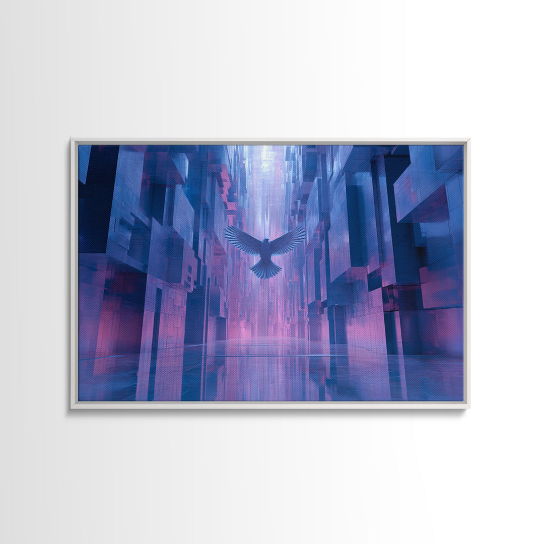 Futurist Bird Made of Panels and Light Framed Canvas Print, Futuristic Art, Steampunk Decor, Living Room Decor, Future, FUT-3x2-2