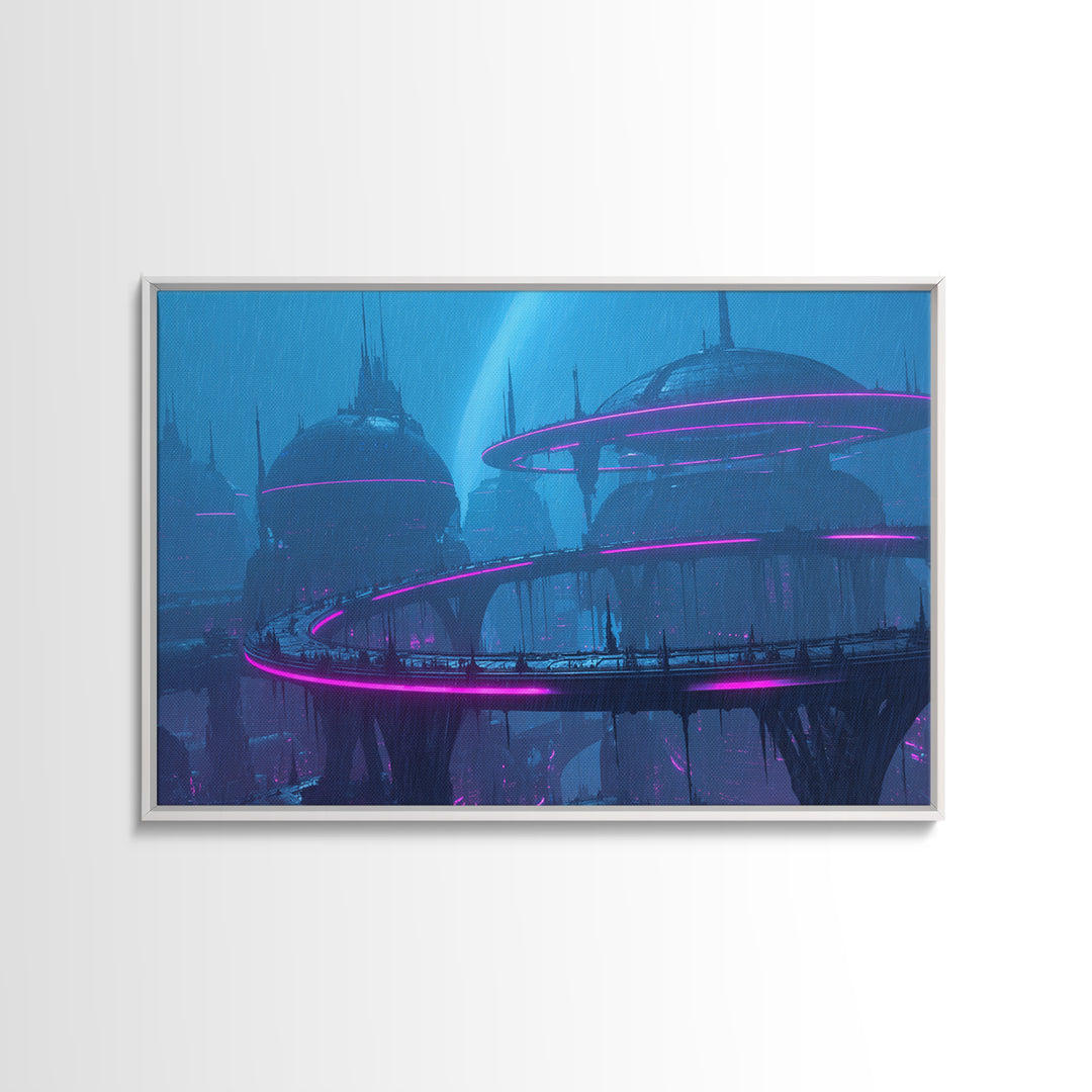 Orbital City Ring Around a Blue Planet Canvas Print, Futuristic Art, Modern Wall Decor, Living Room Decor, Fine Art, Future, FUT-3x2-38