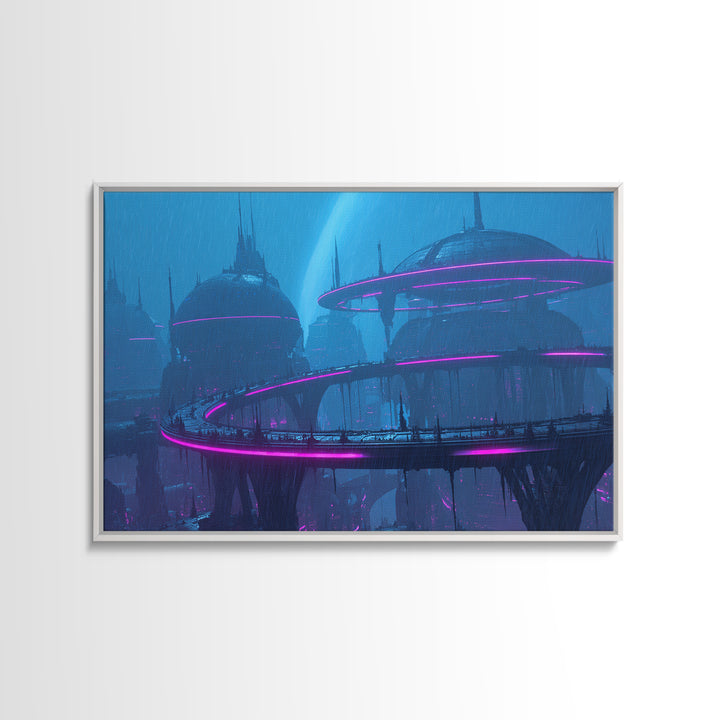 Orbital City Ring Around a Blue Planet Canvas Print, Futuristic Art, Modern Wall Decor, Living Room Decor, Fine Art, Future, FUT-3x2-38