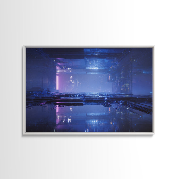 White and Blue Utopian Megastructure Framed Canvas Print, Futuristic Art, Mid Century Modern, Living Room Decor, Oil Painting, FUT-3x2-40