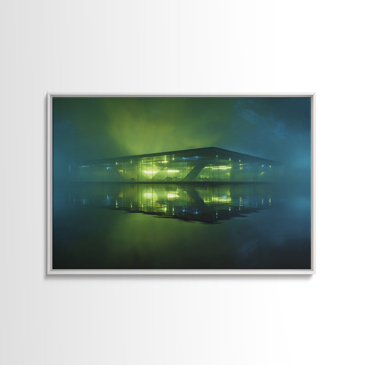 Floating Glass Architecture Above Reflective Water Canvas Print, Futuristic Art, Luxury Decor, Living Room Decor, Future, FUT-3x2-55