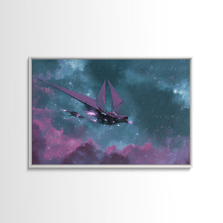 Solar Sail Ship Crossing Star Filled Space Framed Canvas Print, Futuristic Art, Digital Art, Living Room Decor, Future, FUT-3x2-69