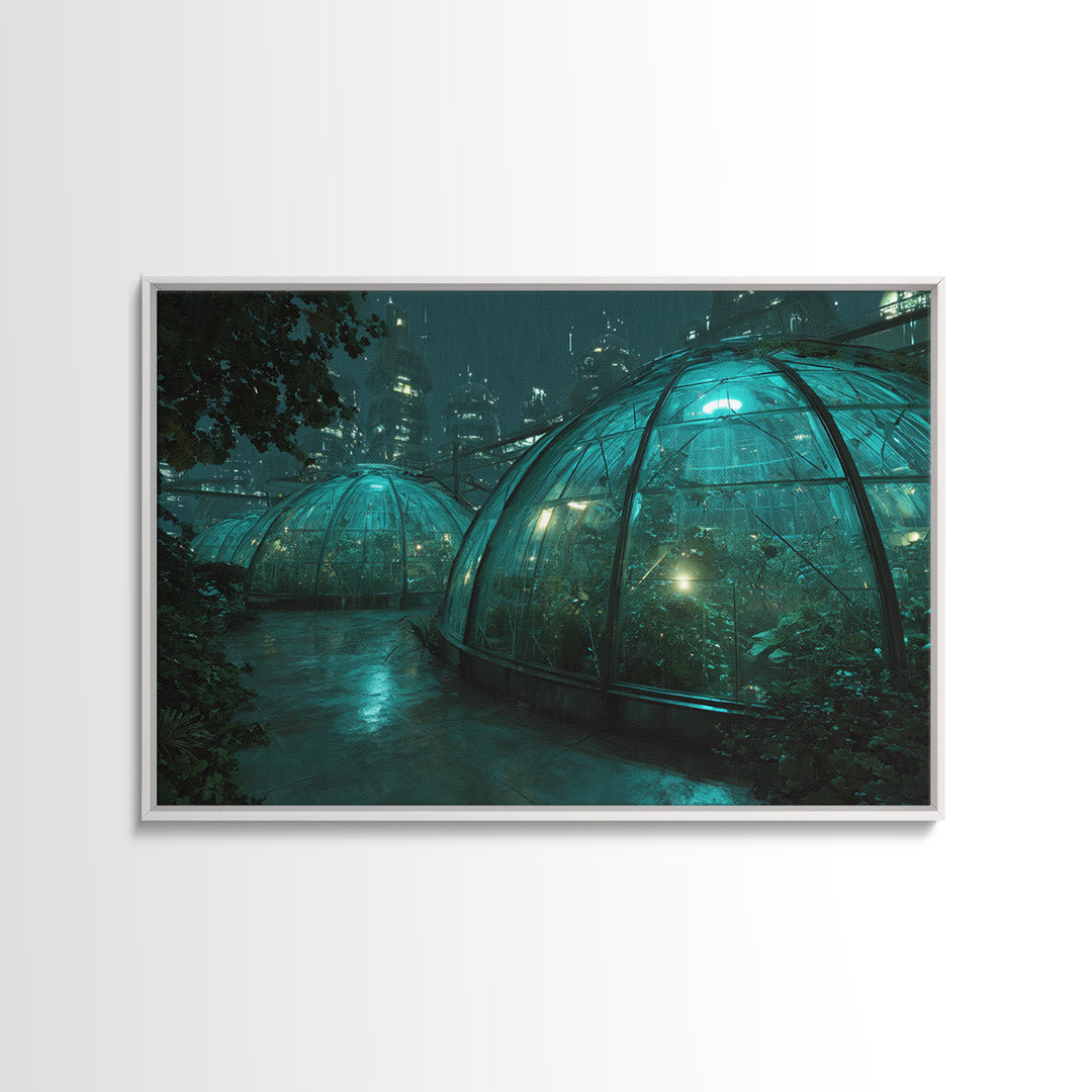 Futuristic Botanical Greenhouse Framed Canvas Print, Futuristic Art, Neutral Decor, Living Room Decor, Fine Art, Future, FUT-3x2-70