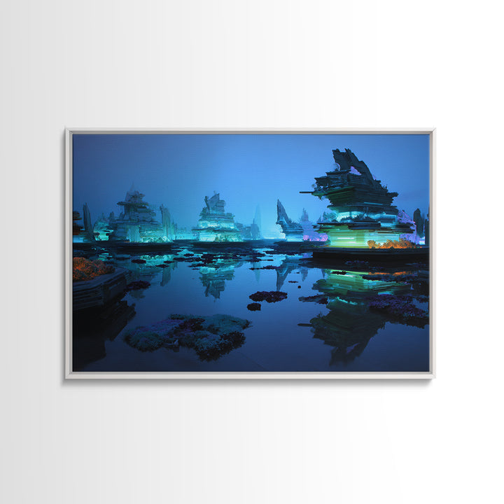 Bioluminescent Garden in a Future Habitat Framed Canvas Print, Futuristic Art, Minimalist Decor, Living Room Decor, Future, FUT-3x2-8