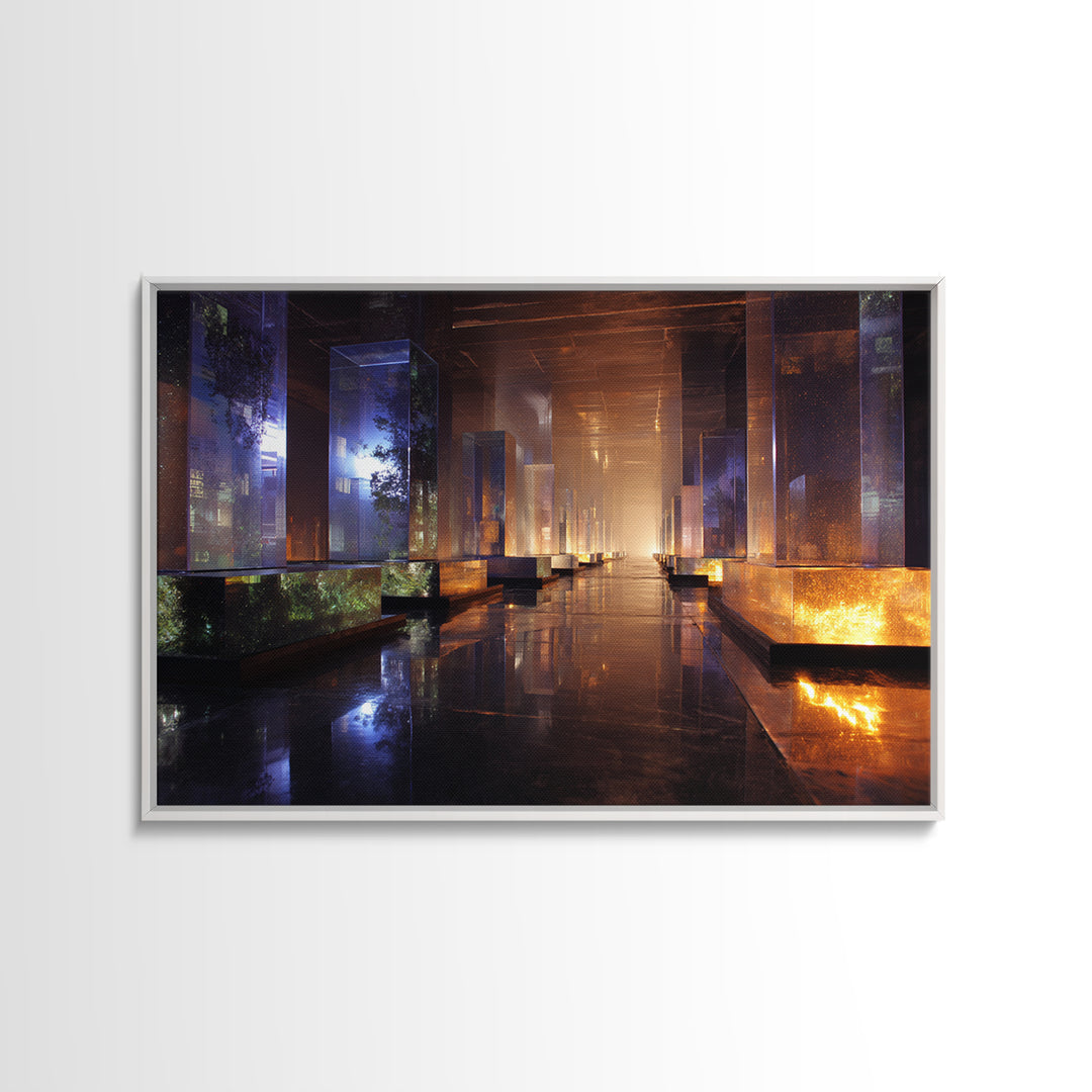 Bioluminescent Garden in a Future Habitat Framed Canvas Print, Futuristic Art, Cyberpunk Decor, Living Room Decor, Future, FUT-3x2-80