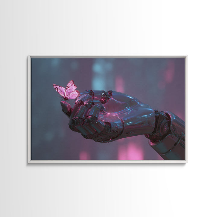 Robotic Hand Holding a Delicate Butterfly Canvas Print, Futuristic Art, Digital Poster, Living Room Decor, Fine Art, Future, FUT-3x2-84