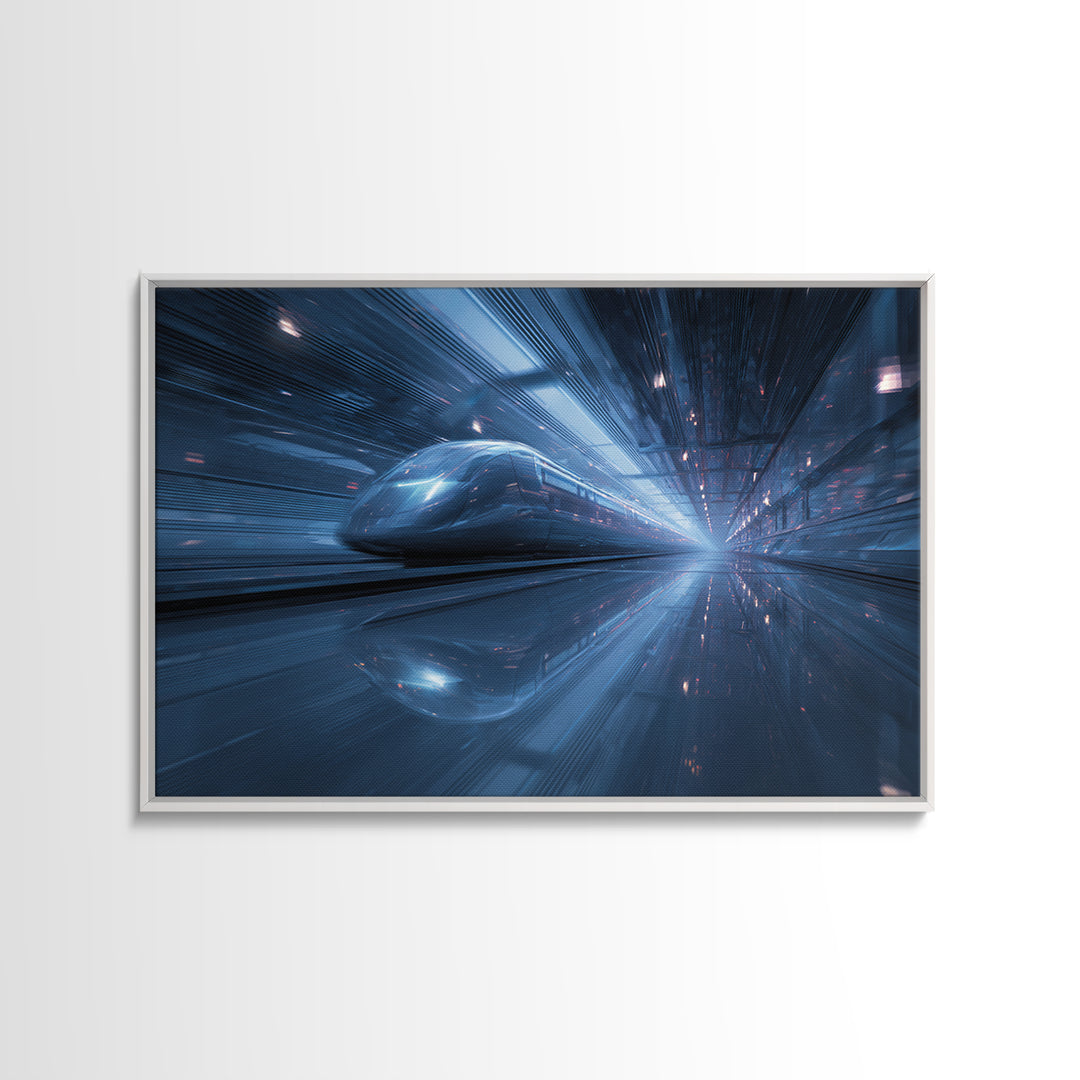Transparent Train Speeding Through Light Tunnels Canvas Print, Futuristic Art, Victorian Decor, Living Room Decor, Future, FUT-3x2-87
