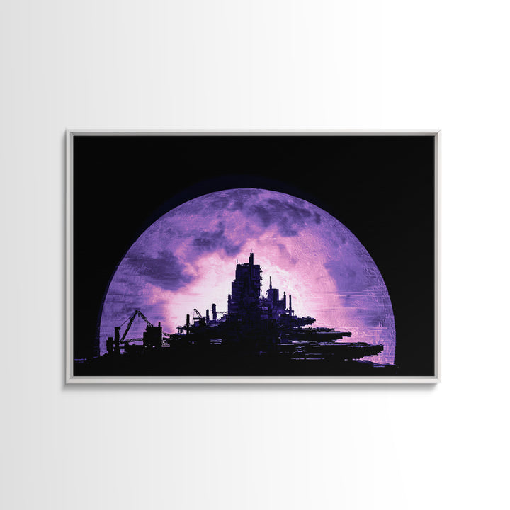 Moon Colony Silhouette Framed Canvas Print, Futuristic Art, Digital Print, Living Room Decor, Watercolor Art, Future, FUT-3x2-97