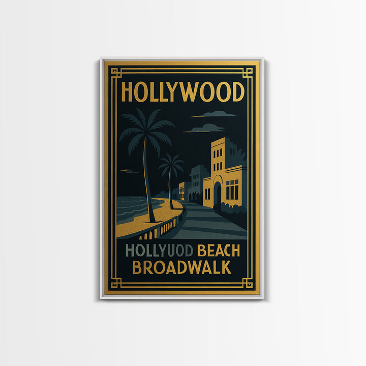 Hollywood Florida Travel Poster, Canvas Print, Gold Art Deco Wall Art, Hollywood City Art, Retro Travel Print, Travel Print, Wall Art