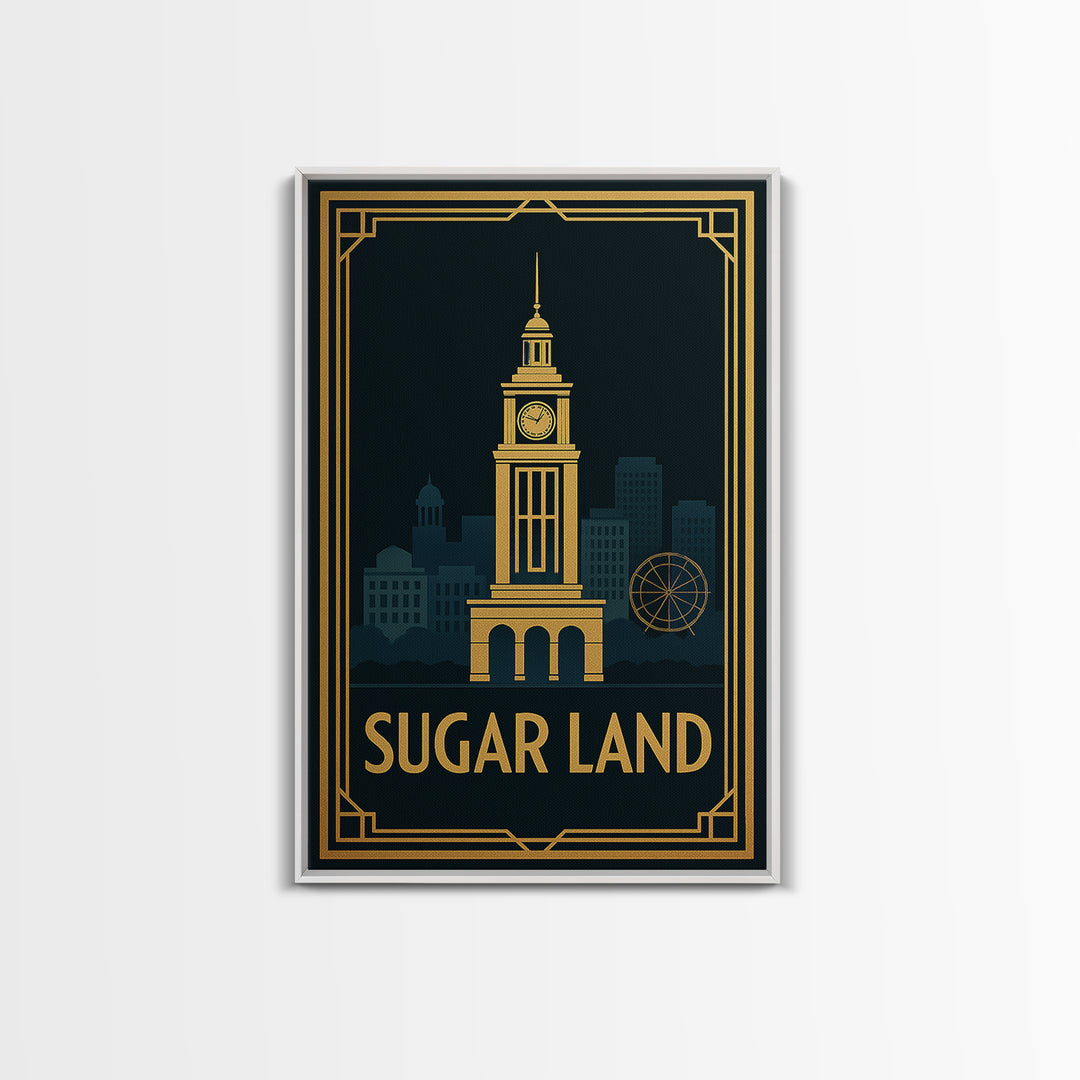 Sugar Land Travel Poster, Canvas Print, Black Gold City Wall Art, Sugar Land Art Print, Retro Travel Print, Watercolor Downtown Skyline
