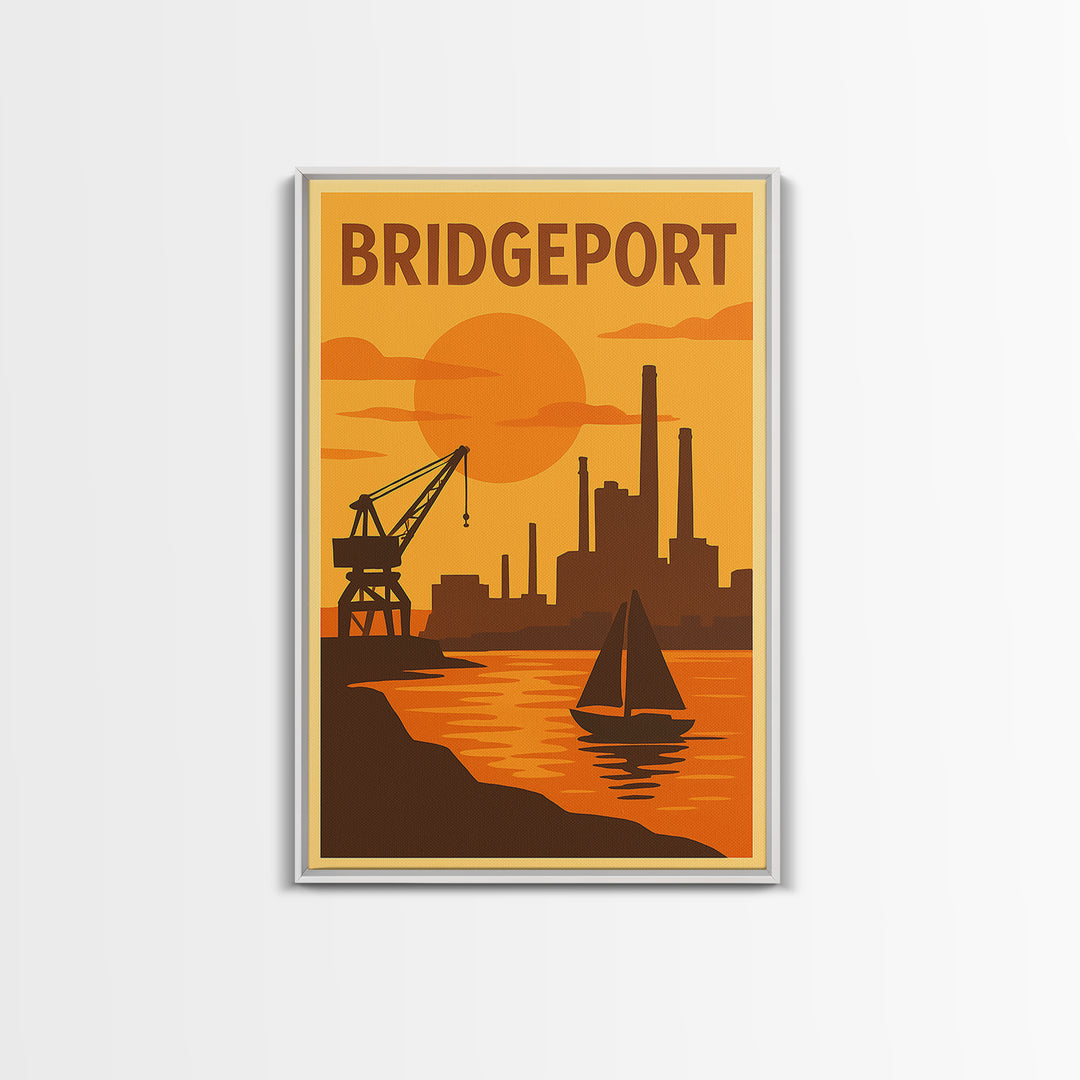 Bridgeport Connecticut Travel Poster, Canvas Print, Warm Sunset Silhouette Art, Bridgeport City Art, Travel Print, Watercolor Skyline Art