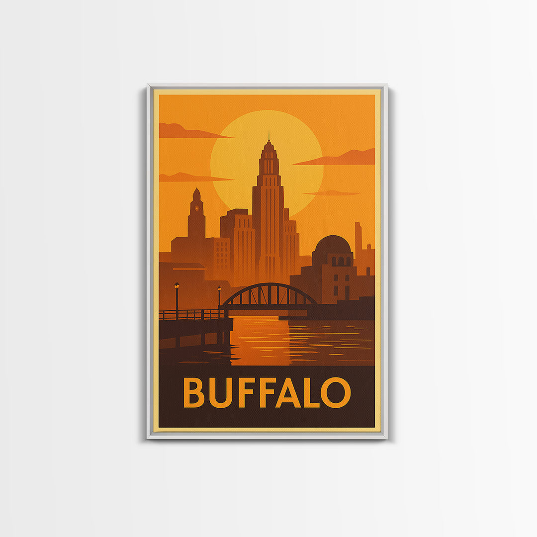 Buffalo Travel Poster, Framed Canvas Print, Golden Travel Poster Art, Buffalo Travel Art, Home Office Decor, Watercolor Skyline