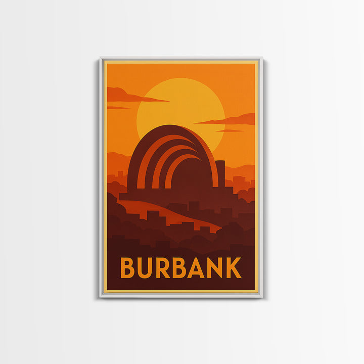 Burbank Travel Poster, Canvas Print, Warm Sunset Silhouette Art, Burbank Wall Art, Mid Century Wall Art, Vintage Travel Print, Design 2
