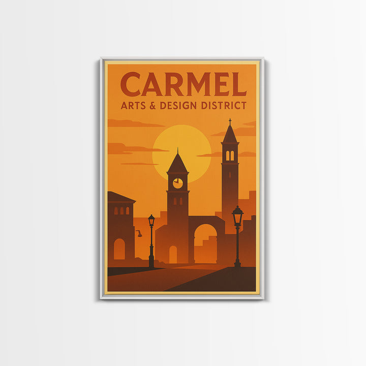 Carmel Indiana Travel Poster, Canvas Print, Warm Sunset Silhouette Art, Carmel Art Print, Fine Art Print, Wall Decor, Travel Poster Set