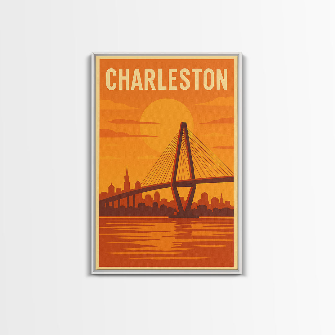 Charleston South Carolina Travel Poster, Canvas Print, Warm Sunset Silhouette Art, Charleston City Art, Fine Art Print, Travel Poster Art
