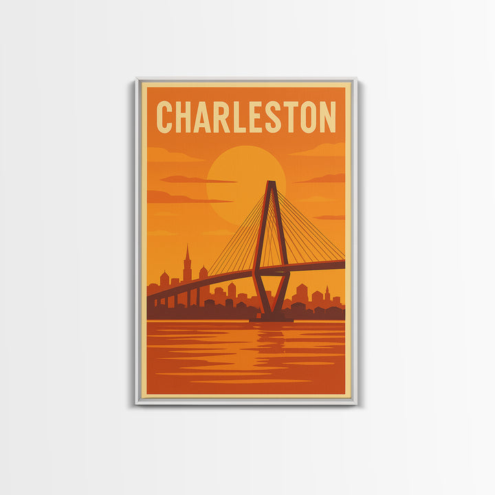 Charleston South Carolina Travel Poster, Canvas Print, Warm Sunset Silhouette Art, Charleston City Art, Fine Art Print, Travel Poster Art