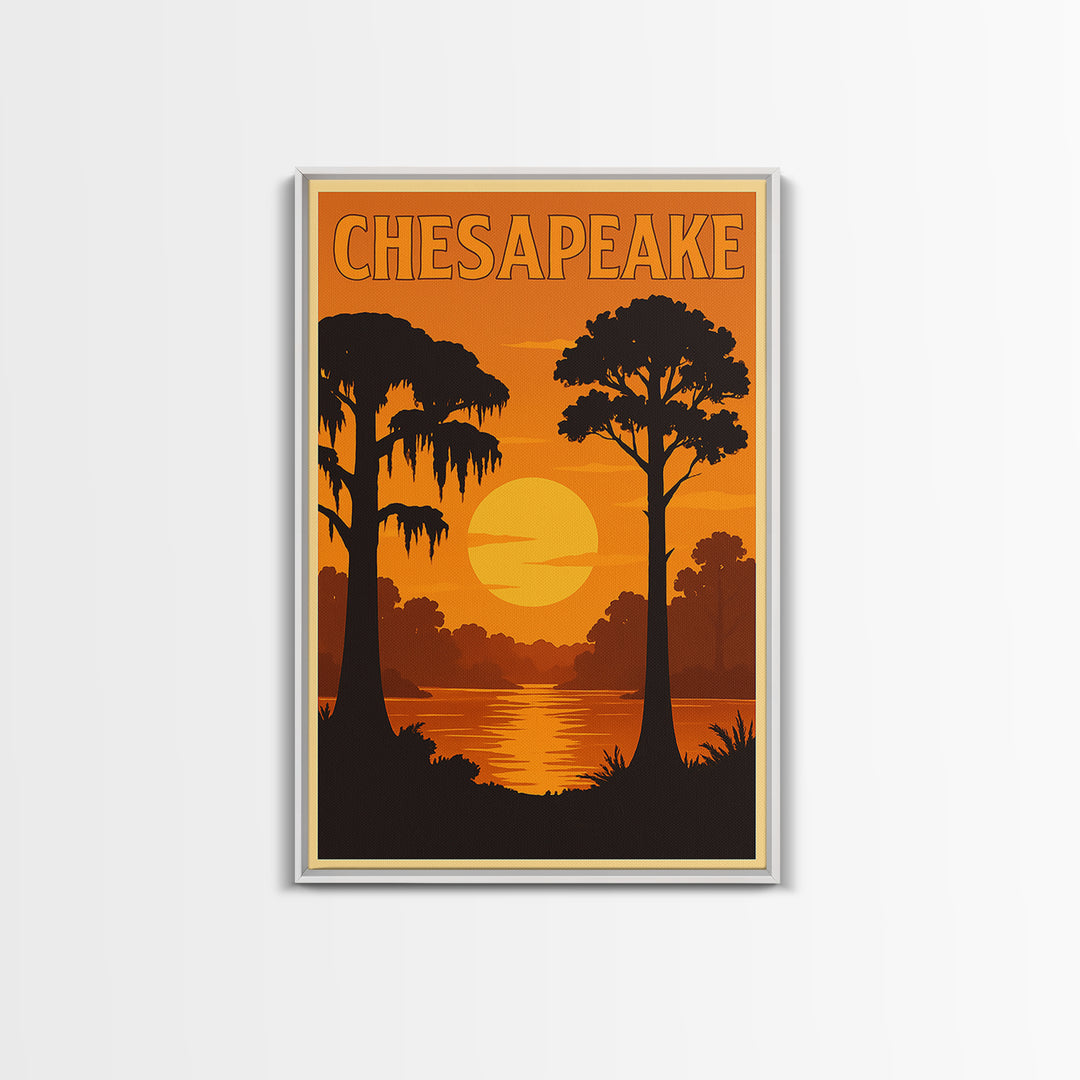 Chesapeake Virginia Travel Poster, Canvas Print, Warm Sunset Silhouette Art, Chesapeake Wall Art, City Travel Prints, Vintage City Poster