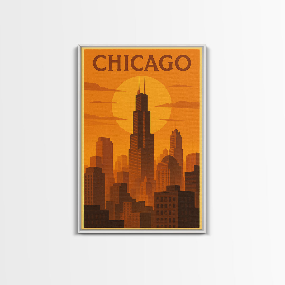 Chicago Illinois Travel Poster, Canvas Print, Warm Sunset Silhouette Art, Chicago Poster Print, Travel Print, Travel Wall Art, Home Decor